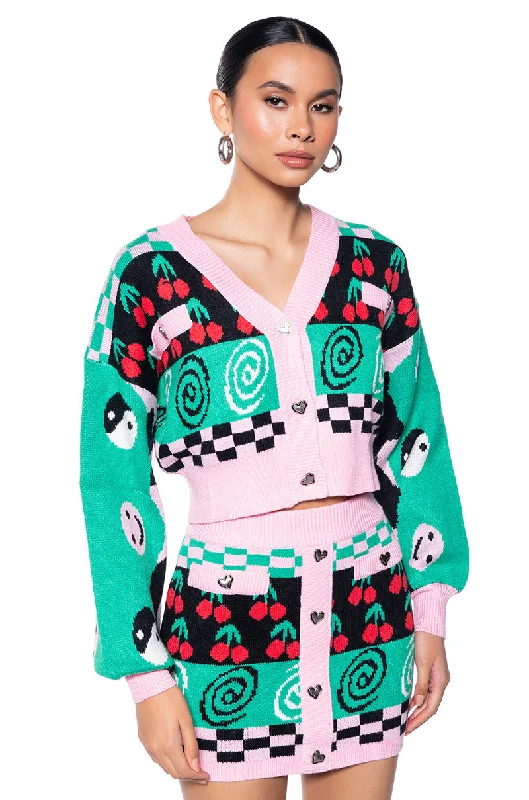 CHERRY ON TOP BUTTON DOWN KNIT CARDIGAN Plaid Cardigan Polka Dot Checkered
