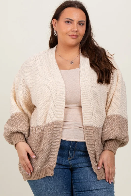 Cream Colorblock Bubble Sleeve Maternity Cardigan Houndstooth Herringbone Solid