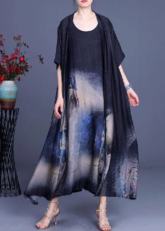 Elegant Black Print Silk Cardigans Braces Skirt Two Pieces Set Fitted Slim Tailored