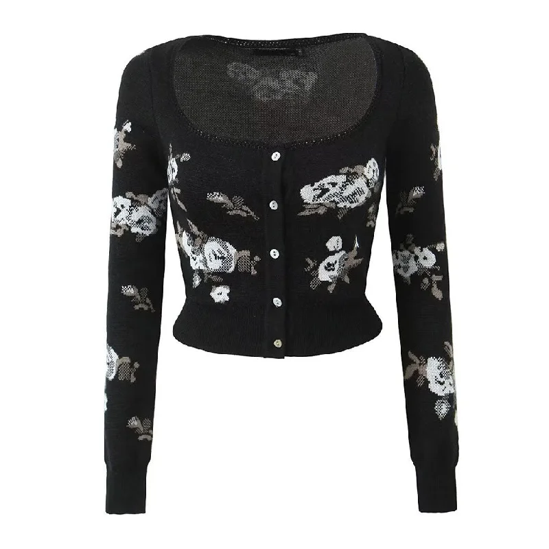 Elegant Floral Print Scoop Neck Button Up Long Sleeve Crop Knit Cardigan Wool Fabric Cashmere Fabric Tweed Fabric Elegant Floral Print Scoop Neck Button Up Long Sleeve Crop Knit Cardigan Wool Fabric Cashmere Fabric Tweed Fabric