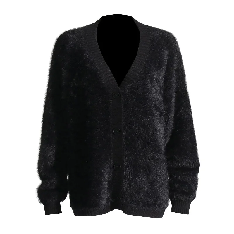 Fluffy Texture Ribbed Knit V Neck Button Up Long Sleeve Oversized Cardigan Welt Pockets Slit Pockets Flap Pockets Fluffy Texture Ribbed Knit V Neck Button Up Long Sleeve Oversized Cardigan Welt Pockets Slit Pockets Flap Pockets
