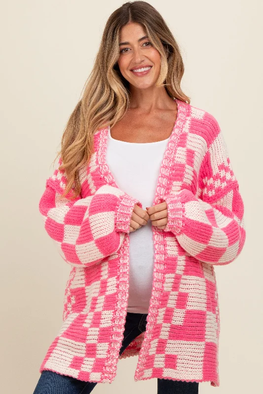 Fuchsia Mixed Check Pattern Chunky Maternity Cardigan Asymmetrical,ymmetric Pencil Cardigan