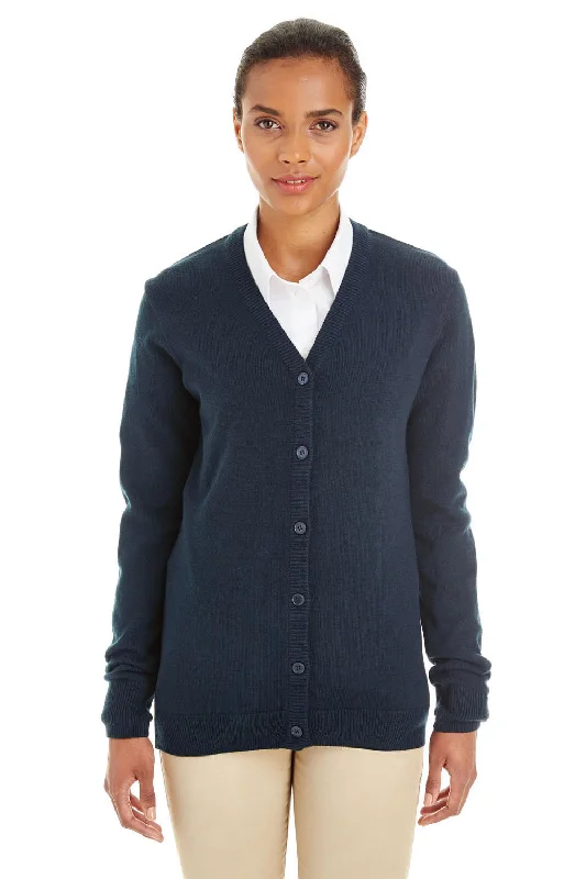 Harriton Womens Pilbloc Pill Resistant Button Down Lone Sleeve Cardigan Sweater - Dark Navy Blue Zippered Front Buttoned Front Snap Front Harriton Womens Pilbloc Pill Resistant Button Down Lone Sleeve Cardigan Sweater - Dark Navy Blue Zippered Front Buttoned Front Snap Front