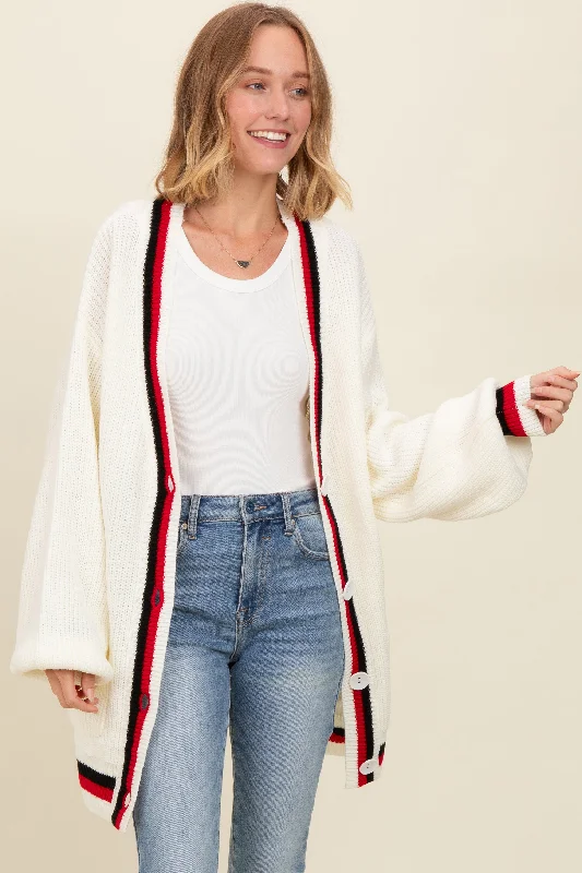 Ivory Contrast Border Open Cardigan Solid Print Embellished