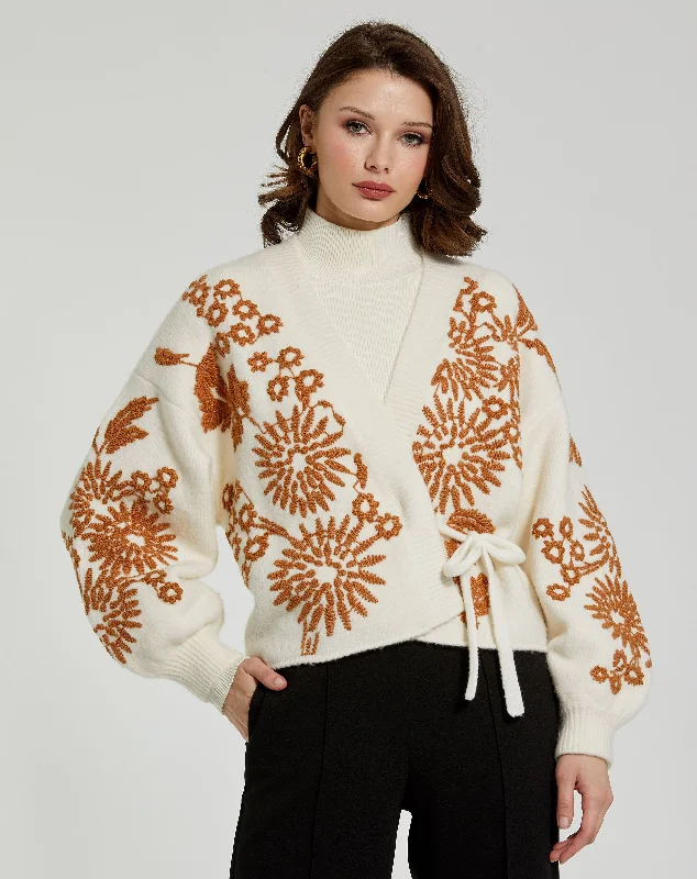 Cropped Knit Cardigan With Floral Details Elasticated Padded Insulated