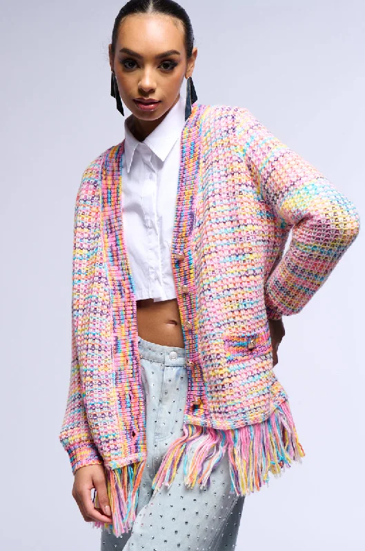 LOOKIN IN THE MIRROR MULTICOLOR FRINGE CARDIGAN Tailored Straight A-Line