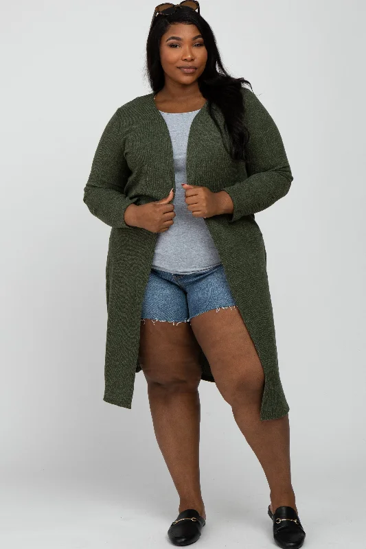Olive Heathered Ribbed Side Slit Long Plus Cardigan Iron Safe Non-Iron Wrinkle Free