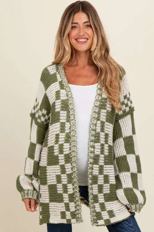 Olive Mixed Check Pattern Chunky Maternity Cardigan Solid Color Striped Floral Print