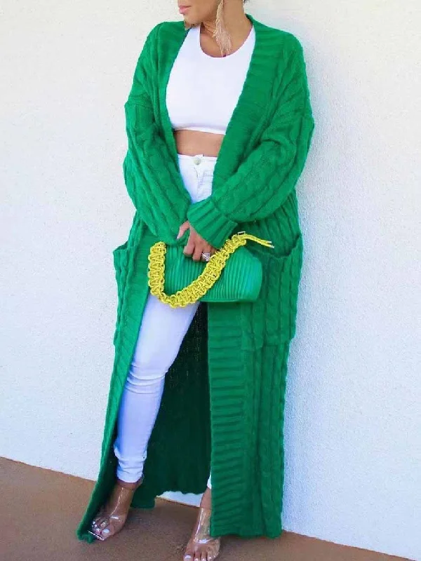 Open Front Pocketed Knitted Maxi Cardigan Sweater Seamless Knitted Crochet