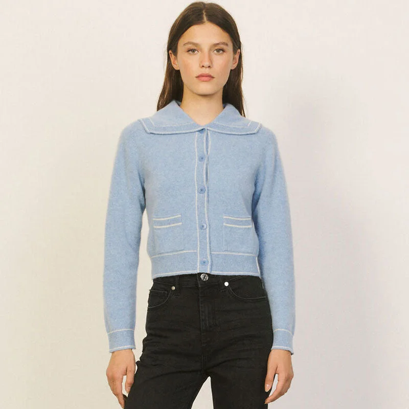 Oversized Collar Long Sleeve Wool Blend Crop Cardigan - Dusty Blue Print Jacquard Patchwork Oversized Collar Long Sleeve Wool Blend Crop Cardigan - Dusty Blue Print Jacquard Patchwork