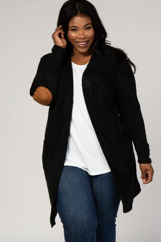 PinkBlush Black Solid Knit Elbow Patch Plus Cardigan Modern Contemporary chic