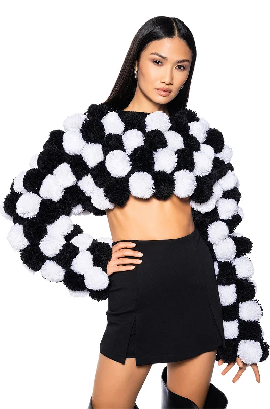 CROPPED POM POM CARDIGAN Satin Blend Silk Blend Wool Blend