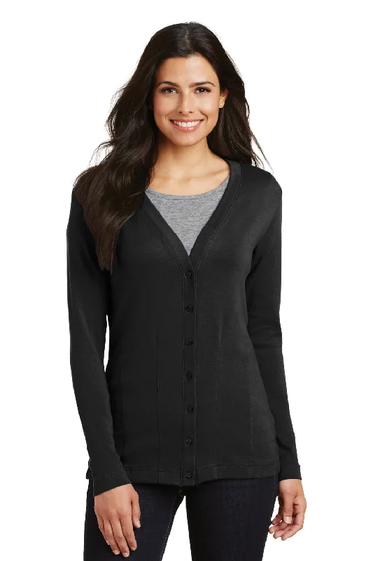 Port Authority Womens Long Sleeve Cardigan Sweater - Black Print Jacquard Patchwork