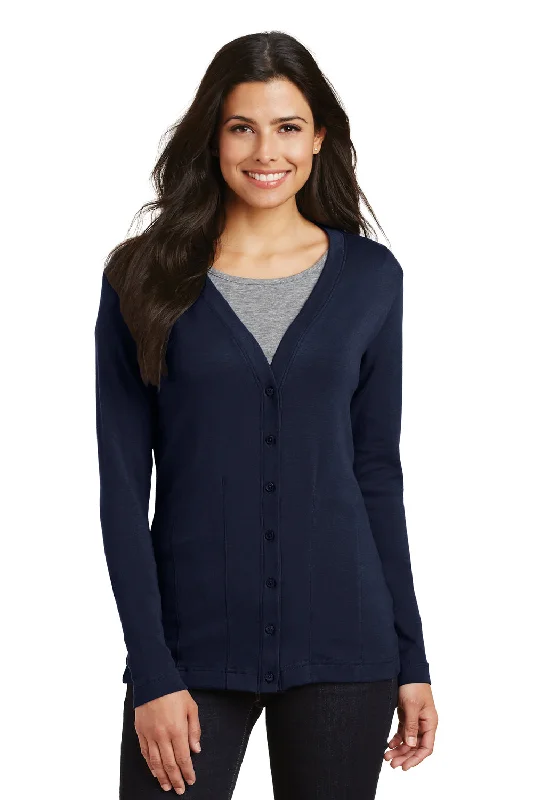 Port Authority Womens Long Sleeve Cardigan Sweater - True Navy Blue Satin Blend Silk Blend Wool Blend Port Authority Womens Long Sleeve Cardigan Sweater - True Navy Blue Satin Blend Silk Blend Wool Blend