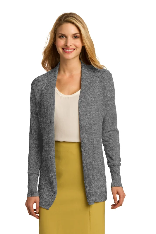 Port Authority Womens Long Sleeve Cardigan Sweater - Heather Medium Grey Striped Floral Plaid