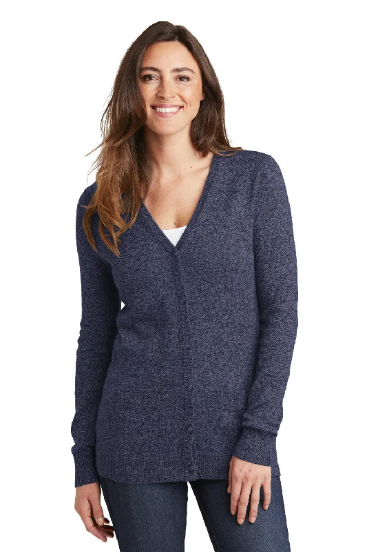 Port Authority Womens Long Sleeve Cardigan Sweater - Navy Blue Marl Welt Pockets Slit Pockets Flap Pockets Port Authority Womens Long Sleeve Cardigan Sweater - Navy Blue Marl Welt Pockets Slit Pockets Flap Pockets