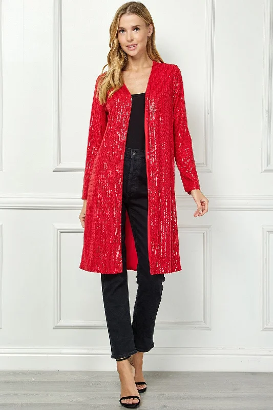 RED SEQUIN OPEN FRONT LONG SLEEVES CARDIGAN AVC51913W Embroidered Appliqued Beaded