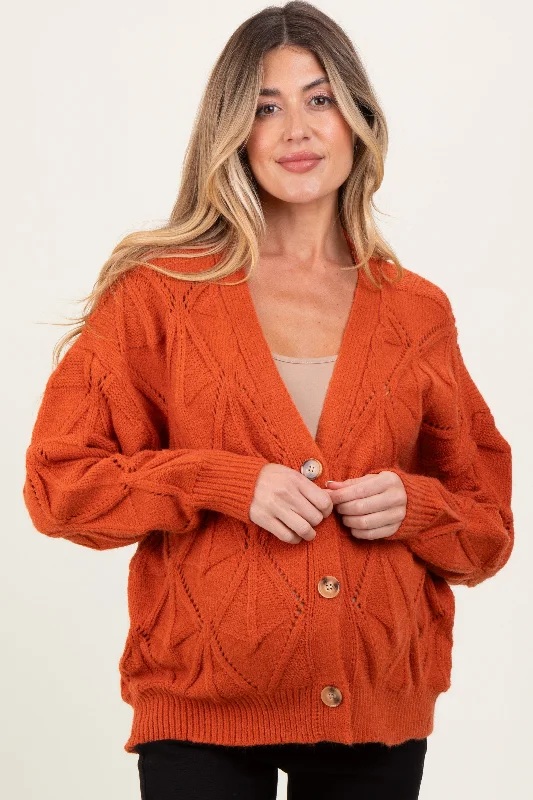 Rust Diamond Knit Button Up Maternity Sweater Cardigan Boat Neck Shawl Collar Notched Collar Rust Diamond Knit Button Up Maternity Sweater Cardigan Boat Neck Shawl Collar Notched Collar