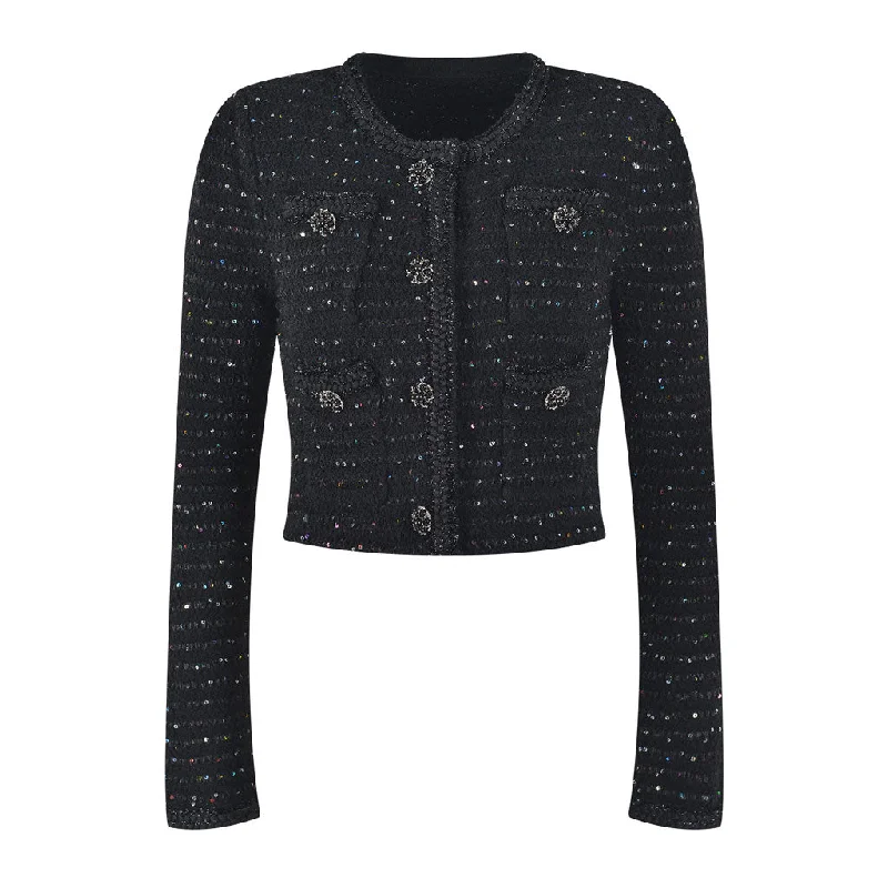 Sparkly Crystal Trim Button Front Long Sleeve Crop Sequin Knit Cardigan Faux Fur Fabric Real Fur Fabric Shearling Fabric Sparkly Crystal Trim Button Front Long Sleeve Crop Sequin Knit Cardigan Faux Fur Fabric Real Fur Fabric Shearling Fabric