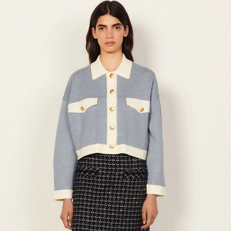 Sweet Contrast Long Sleeve Button Up Crop Knit Cardigan - Dusty Blue Hooded Caped Shawl Collar Sweet Contrast Long Sleeve Button Up Crop Knit Cardigan - Dusty Blue Hooded Caped Shawl Collar