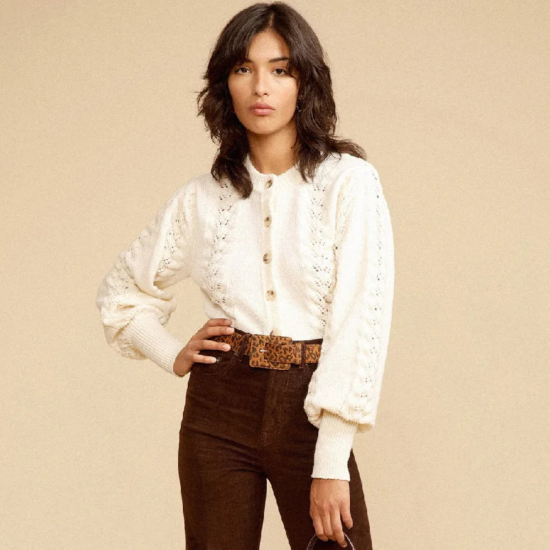 Trendy Bishop Sleeve Single Breasted Openwork Crochet Cardigan - Beige Cardigan Knitwear Sweater Trendy Bishop Sleeve Single Breasted Openwork Crochet Cardigan - Beige Cardigan Knitwear Sweater