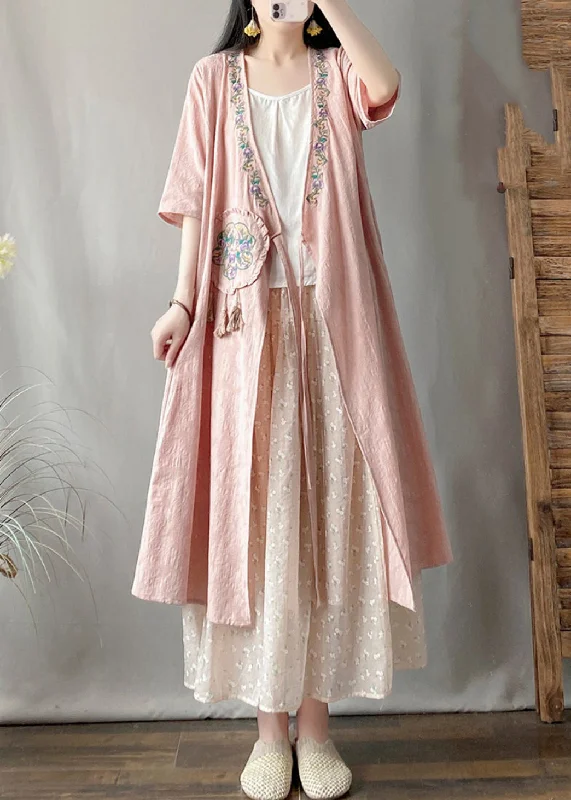 Vintage Pink Embroidered Tassel Long Cardigans Summer Elegant Classic Vintage