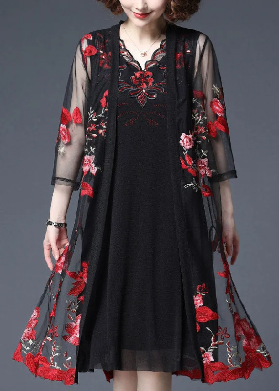 Women Red Floral Embroideried Tulle Cardigans And Tank Dress Two Piece Set Summer Layered Multi-layer Single Layer Women Red Floral Embroideried Tulle Cardigans And Tank Dress Two Piece Set Summer Layered Multi-layer Single Layer