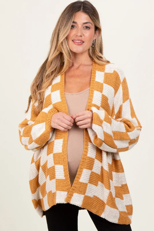 Yellow Checkered Oversized Maternity Cardigan Polka Dot Checkered Tartan
