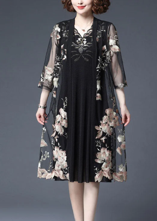 Yellow Floral Embroideried V Neck Tulle Cardigans And Tank Dress Two Piece Set Half Sleeve Fitted Slim Tailored Yellow Floral Embroideried V Neck Tulle Cardigans And Tank Dress Two Piece Set Half Sleeve Fitted Slim Tailored