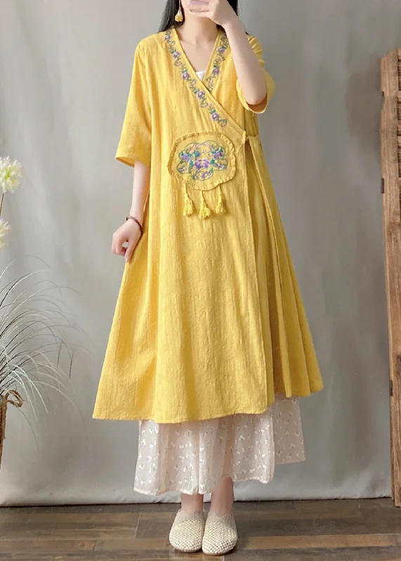 Yellow V Neck Tie Waist Maxi Cardigan Short Sleeve Casual Formal Business
