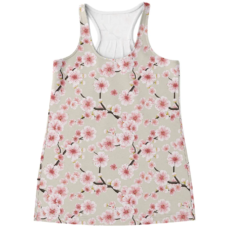 White Cherry Blossom Pattern Print Women's Racerback Tank Top grey tank top