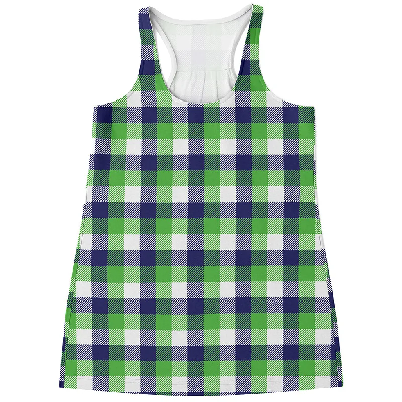 White Green And Blue Buffalo Plaid Print Women's Racerback Tank Top high neck tank
