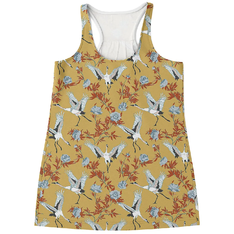 White Japanese Cranes Pattern Print Women's Racerback Tank Top cherry red tank