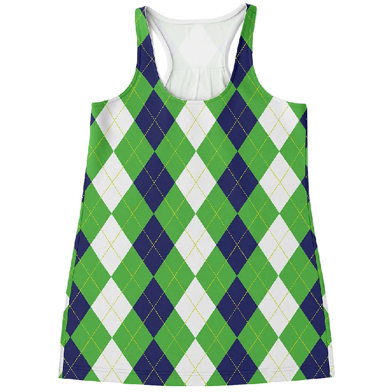 White Navy And Green Argyle Print Women's Racerback Tank Top boho tank top