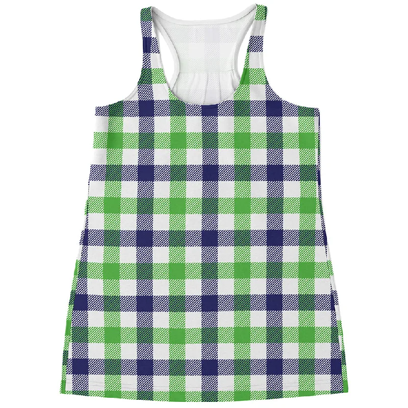 White Navy And Green Plaid Print Women's Racerback Tank Top lounge tank top