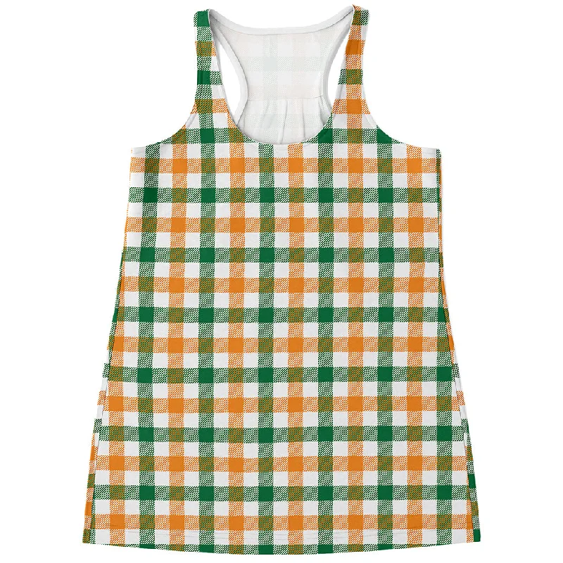 White Orange And Green Plaid Print Women's Racerback Tank Top sheer tank top