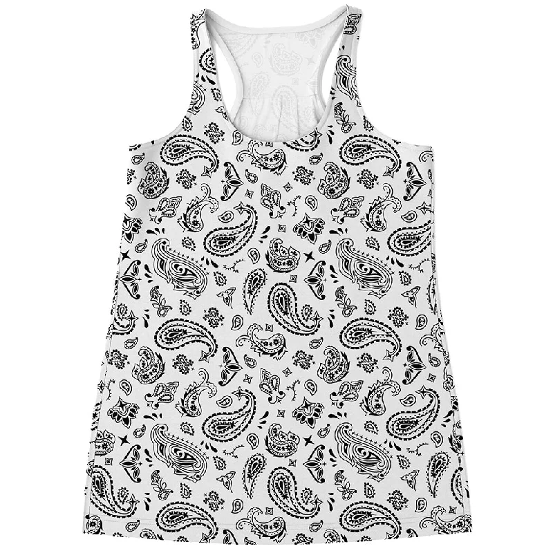 White Paisley Bandana Pattern Print Women's Racerback Tank Top high neck tank