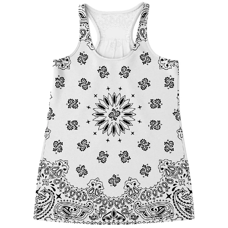White Paisley Bandana Print Women's Racerback Tank Top solid color tank