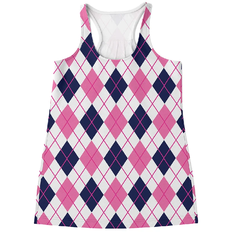 White Pink And Blue Argyle Pattern Print Women's Racerback Tank Top off shoulder tank