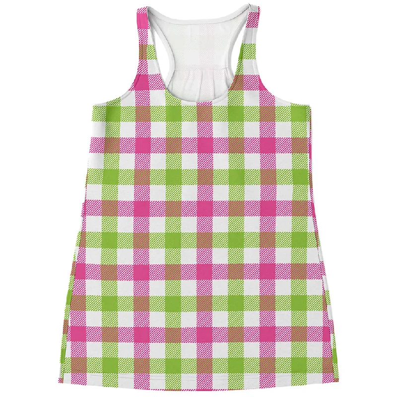 White Pink And Green Buffalo Plaid Print Women's Racerback Tank Top crew neck tank