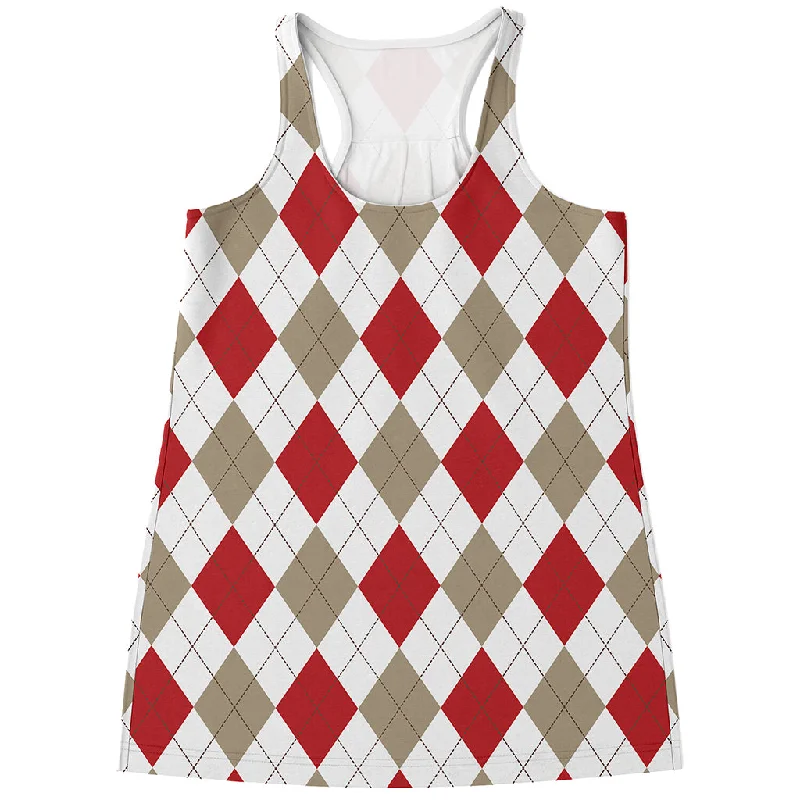 White Red And Beige Argyle Pattern Print Women's Racerback Tank Top casual tank top