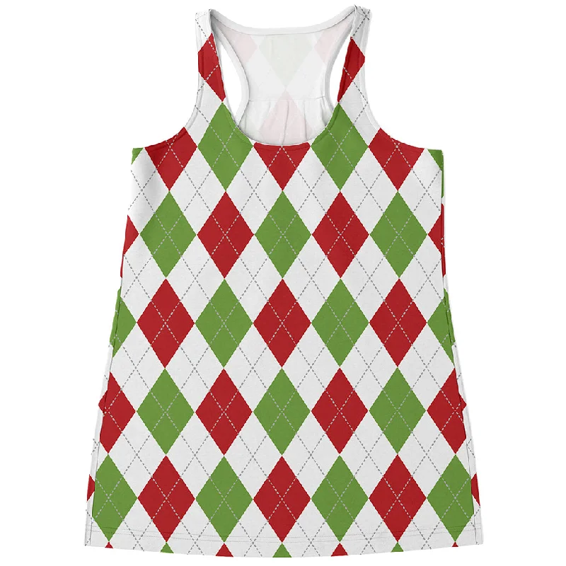 White Red And Green Argyle Pattern Print Women's Racerback Tank Top teal tank top